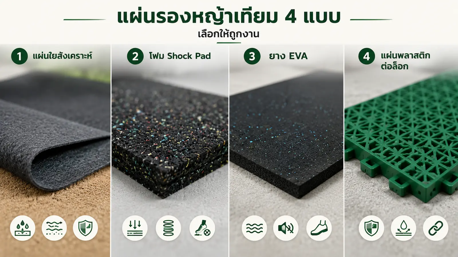 เปรียบเทียบแผ่นรองหญ้าเทียม 4 แบบ แผ่นใยสังเคราะห์ แผ่นโฟมซับแรงกระแทก แผ่นยาง EVA และแผ่นพลาสติกต่อล็อก