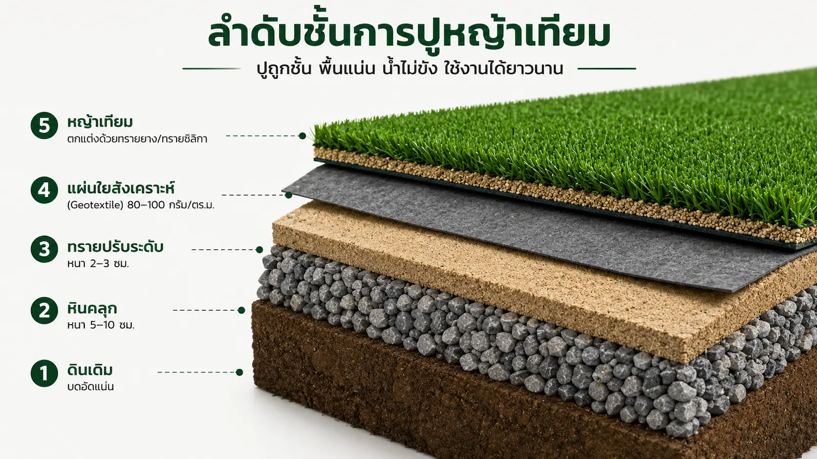 ภาพตัดขวางลำดับชั้นการปูหญ้าเทียม ดินเดิม หินคลุก ทรายปรับระดับ แผ่นใยสังเคราะห์ และหญ้าเทียม