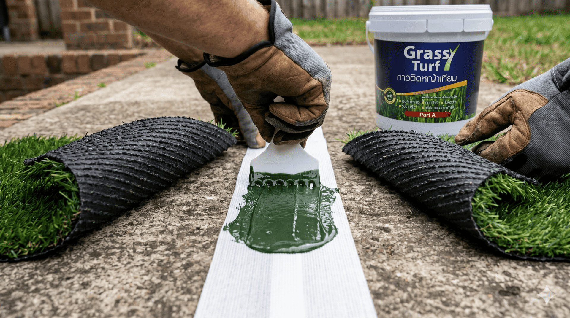 การปาดกาว Epoxy บน Joint Tape เพื่อต่อรอยหญ้าเทียม Grassy Turf