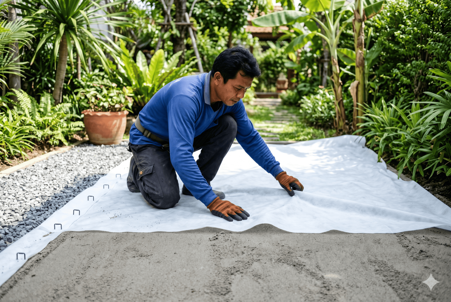 การปูผ้า Geotextile กันวัชพืชบนพื้นดินก่อนติดตั้งหญ้าเทียม