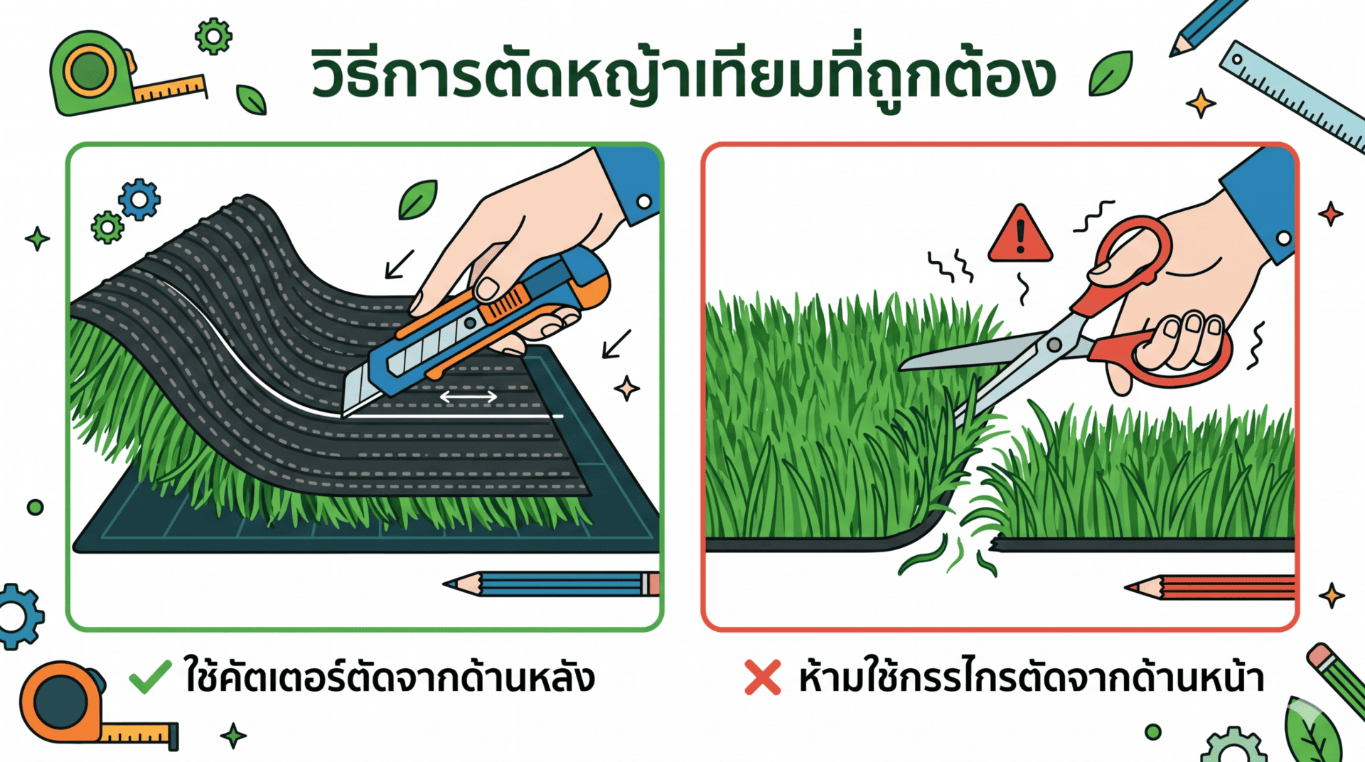 Diagram วิธีตัดหญ้าเทียมที่ถูกต้อง ใช้คัตเตอร์ตัดจากด้านหลัง ห้ามใช้กรรไกร