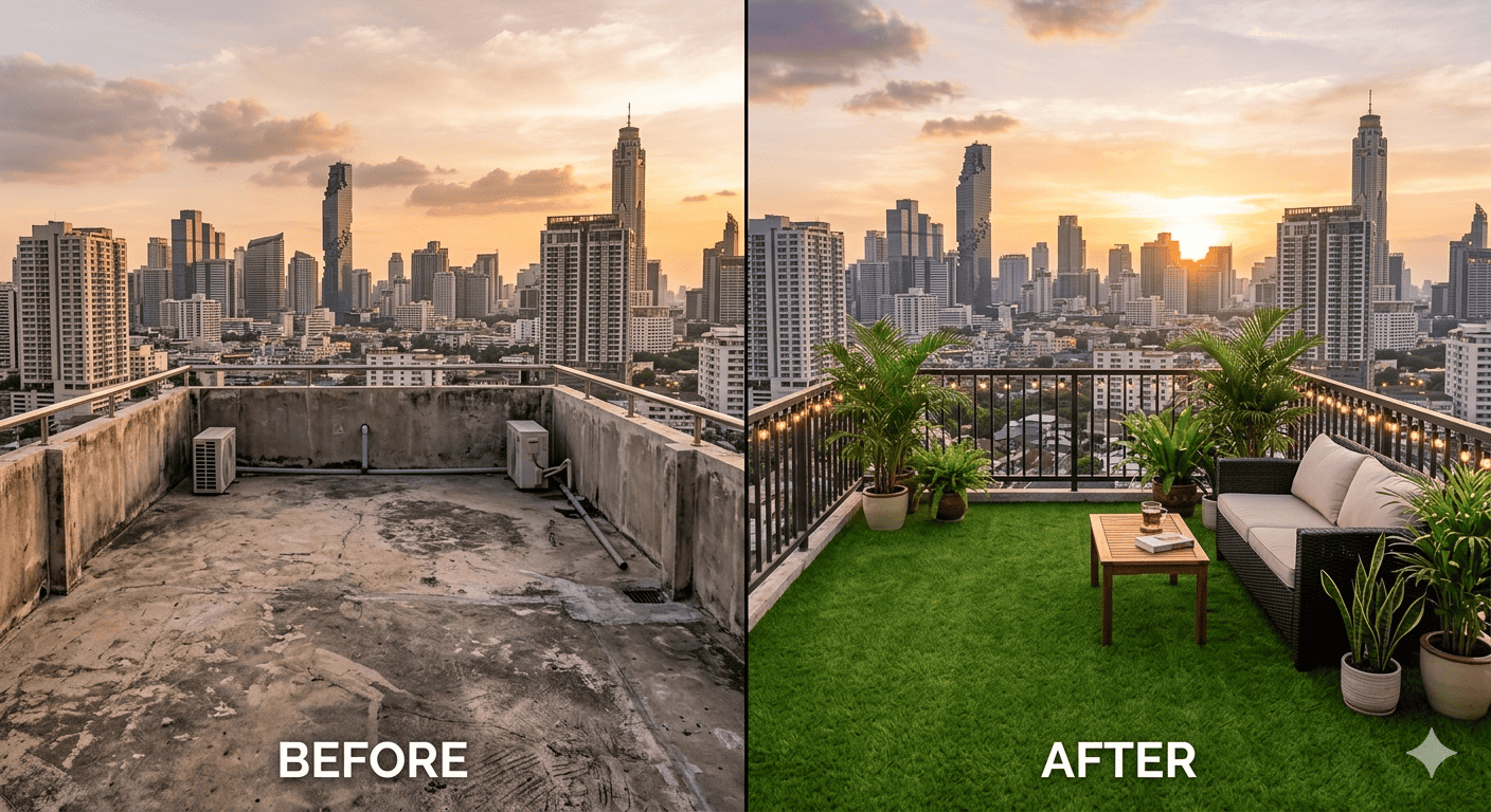 Before After การติดตั้งหญ้าเทียม