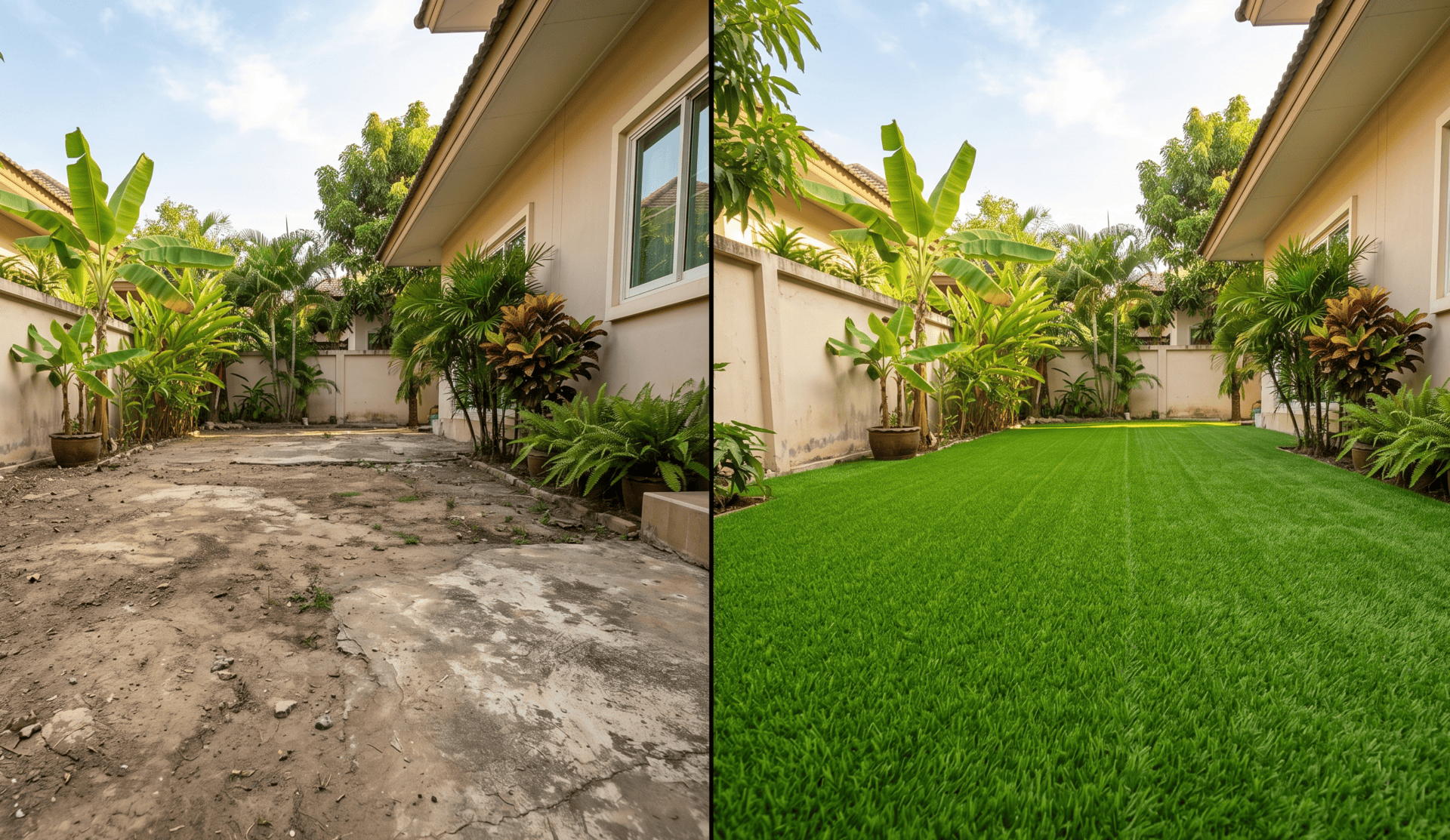ก่อนและหลังติดตั้งหญ้าเทียม Grassy Turf เปรียบเทียบพื้นที่ก่อนและหลัง